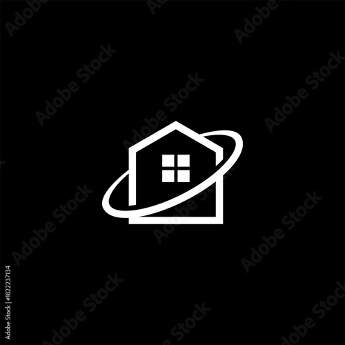 Minimalist House Logo Design with Orbiting Ring on Black Background.