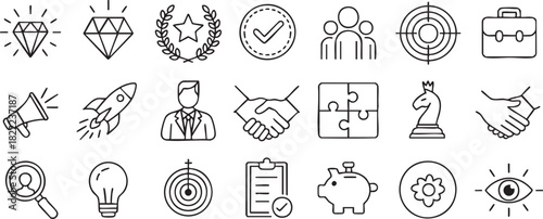 Business and management thin line icons set for presentation documents