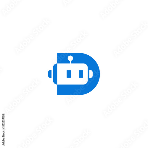 Blue and White Robot Logo Design with Letter D Integration.