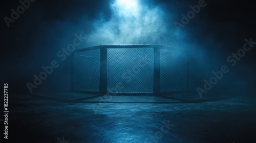 Stunning photo of empty Octagon Cage: A dramatic, moody image of an empty octagonal cage shrouded in blue fog, perfect for illustrating themes of competition, fighting.