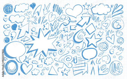 A collection of hand drawn blue doodles including arrows hearts stars and speech bubbles on graph paper
