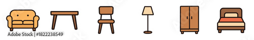 A collection of six home furniture icons including a sofa, table, chair, floor lamp, wardrobe, and bed, illustrated in a simple, minimalist style with thick outlines