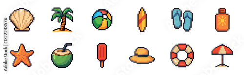 A set of pixel art summer beach icons featuring a seashell, palm tree, surfboard, and coconut drink in a retro 8-bit video game style for vacation and travel concepts