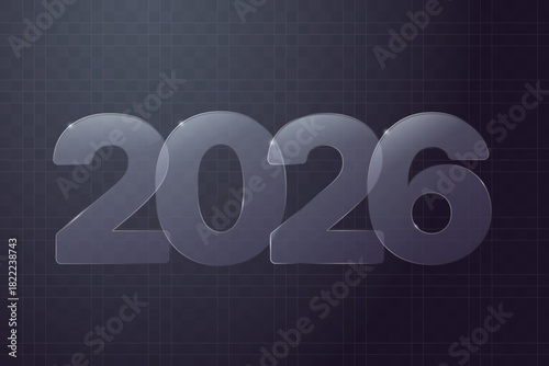 Transparent glass-morphism style number 2026 on a dark gradient background. Creative New Year sign. Ideal for banner, web design, poster. Vector illustration