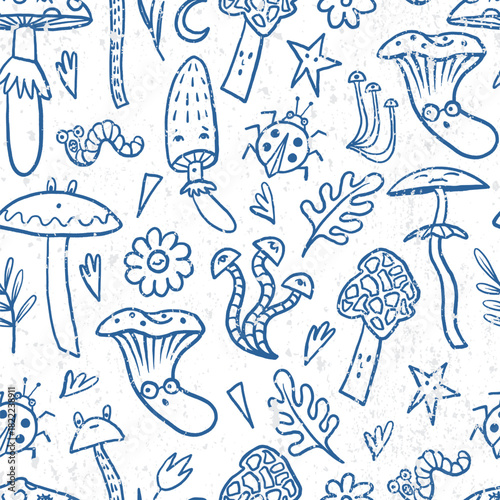 Mushroom autumn vector seamless pattern with forest worms flowers leaves and funny insects