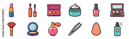 A set of colorful cosmetic and beauty icons including lipstick, mascara, eyeshadow, and perfume arranged in a collection, representing a flat vector illustration style for makeup concepts