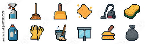 Pixel art cleaning supplies icon set featuring household tools like a broom, mop, vacuum cleaner, and spray bottle for a retro 8-bit video game asset collection
