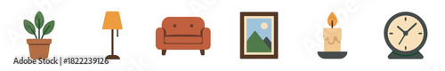 A collection of flat home decor icons featuring a potted plant, floor lamp, armchair, picture, candle, and clock in a minimalist vector illustration style with a warm, cozy palette