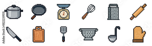 A pixel art collection of various kitchen utensils and cookware for cooking, including a pot, pan, scale, whisk, grater, and rolling pin in a retro 8-bit video game style