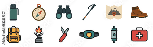 A colorful collection of hiking and camping equipment icons featuring a backpack, compass, binoculars, and boots in a clean flat design style with bold outlines for adventure travel