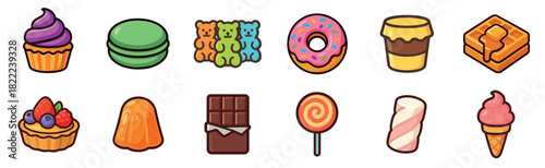 A collection of colorful sweet food icons featuring a cupcake, donut, ice cream, and candy in a vibrant cartoon illustration style for graphic design elements