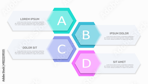 Infographic with four colorful hexagon-labeled sections for process, categorization, or presentation in a modern layout. Vector illustration.