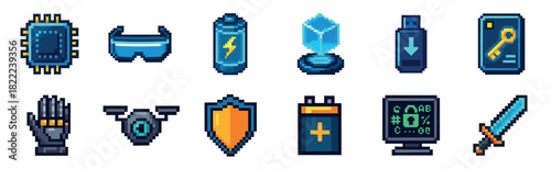 A collection of pixel art video game icons featuring a CPU, VR goggles, battery, drone, shield, and sword for a retro user interface or asset pack
