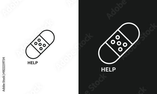 Adhesive Bandage Plaster Line Art Icon with Help Text for First Aid, Medical Care, and Injury Treatment Symbols
