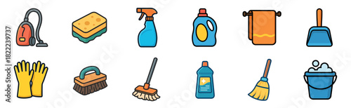 A set of colorful cleaning supply icons for housework and domestic chores, including a vacuum, broom, mop, sponge, and detergents, presented in a simple flat cartoon illustration style