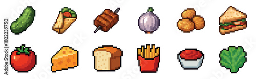A collection of pixel art food icons featuring a sandwich, kebab, fries, cheese, and vegetables in a retro 8-bit video game style for a digital menu or asset pack