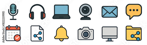 A collection of colorful communication and technology icons in a flat line art style, featuring symbols for podcasting, video calls, messaging, sharing, and scheduling for digital media