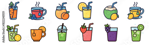 A collection of colorful beverage and juice icons in a flat cartoon style, showing various healthy drinks like smoothies, hot tea, and fresh fruit juices for menu or graphic elements