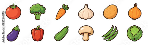 A collection of colorful cartoon vegetable icons featuring tomato, broccoli, carrot, garlic, potato, onion, eggplant, bell pepper, zucchini, mushroom, green beans, and cabbage