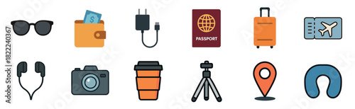 A colorful set of travel and vacation icons featuring a passport, suitcase, camera, and airline ticket for a journey or holiday, presented as a flat design illustration collection