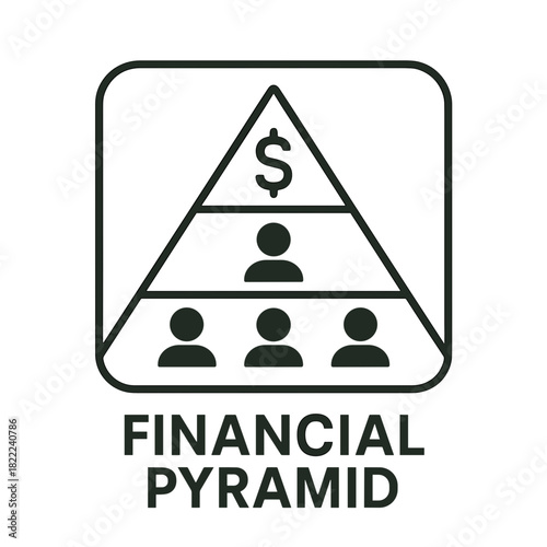 Minimalist financial pyramid scheme icon with dollar sign and human hierarchy, black and white concept illustration