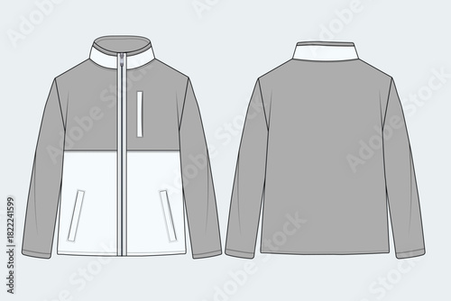 Men's sportswear track jacket front and back technical drawing. 
Fashion flat sketch of color block windbreaker coat. 
Activewear zipper jacket apparel design vector template.