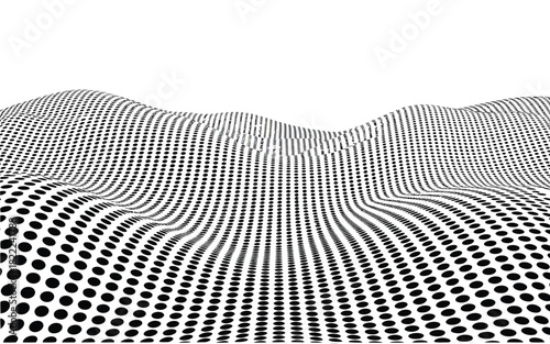 A black and white abstract landscape with wavy lines of dots creating a three dimensional effect