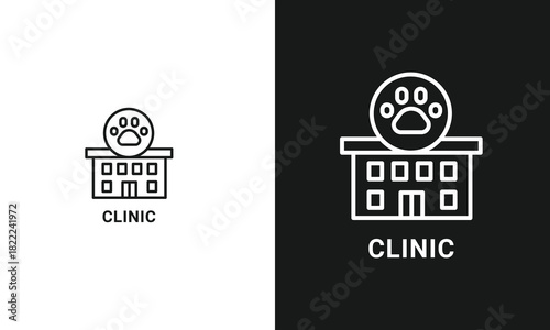 Veterinary Clinic Building Line Art Icon with Paw Print Symbol for Animal Hospital and Pet Care Services