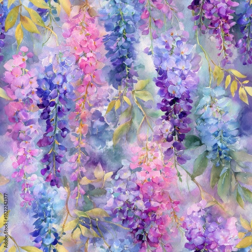 Seamless floral pattern showcasing hanging wisteria flowers in lavender, blue, and pink shades painted in a delicate watercolor style for textile or wallpaper designs.