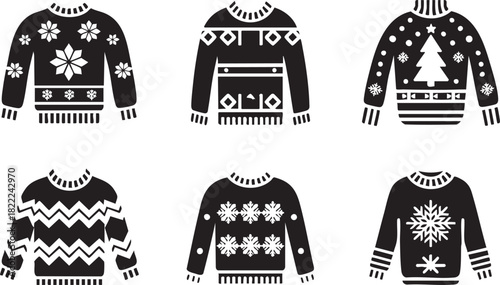 Collection of stylized ugly Christmas sweaters vector illustration for holiday designs