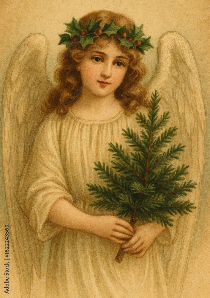 Fototapeta premium Vintage angel holding evergreen branch.