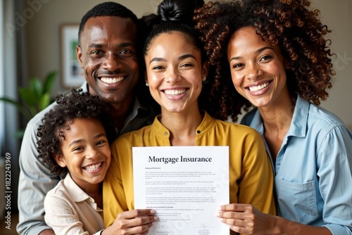 New Home Celebration: African American Families Embracing Ownership, Captured in a Photoshoot with Mortgage Insurance Policy on Display
