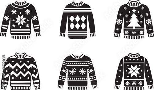Collection of winter holiday sweaters vector black and white illustration