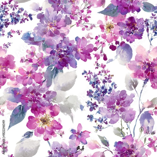Seamless watercolor floral pattern displaying blooming Purple, Pink, and Lilac flowers on a clean white background for design.