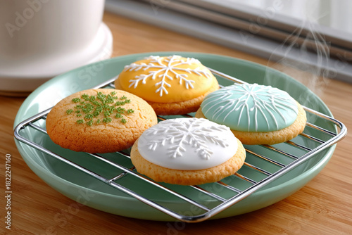 Colorful round cookies with snowflake icing designs on cooling rack, freshly baked and served on mint green plate, close-up