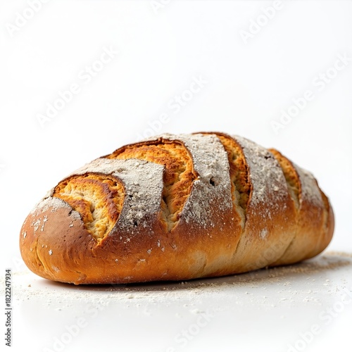 Fresh artisan baked bread loaf sits on clean white studio background. Golden crust, scored top, dusted with flour. Warm, wholesome, rustic food ready for delicious family meal, showing homemade