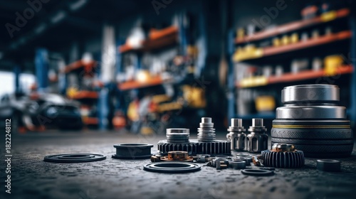 Stunning photo of various car spare part on the garage floor on a car background, auto repair shop or auto parts store concept.