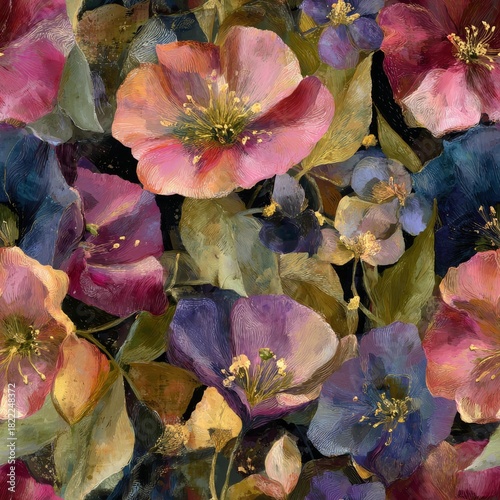 Seamless vintage floral pattern featuring deep purple and coral pink blooms with golden yellow accents on a dark background, illustrating an artistic oil painting style for luxurious textile design an