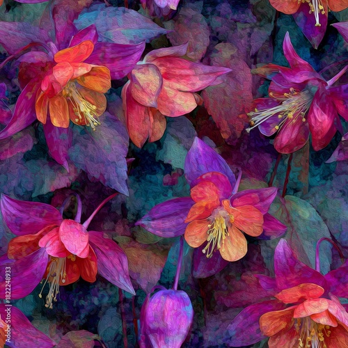 A seamless floral pattern features stylized fuchsia blooms in shades of vibrant magenta, deep purple, and bright orange against dark leaves.