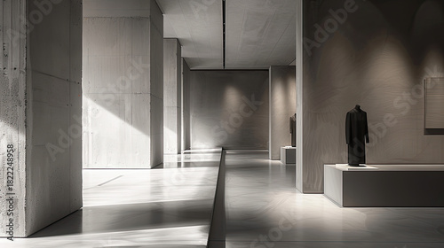 modern interior design featuring minimalist architecture with concrete walls and sleek surfaces. space is illuminated by natural light, creating sophisticated