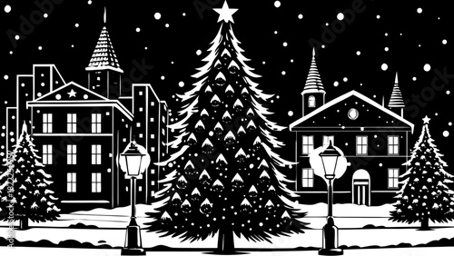 Very beautiful nighttime holiday scene featuring a decorated Christmas tree illuminated with colorful lights, complemented by glowing streetlights, creating a warm and festive urban atmosphere.