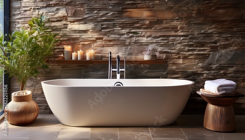 a serene bathtub scene highlighting elegant bathroom fixtures and natural stone walls for a relaxing home spa experience