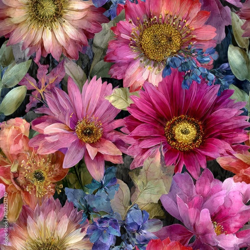 A seamless floral pattern displays vibrant pink, purple, and blue flowers arranged in a dense artistic composition for textile design.