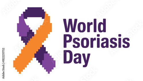 World Psoriasis Day is observed with a purple and orange pixelated ribbon and text.