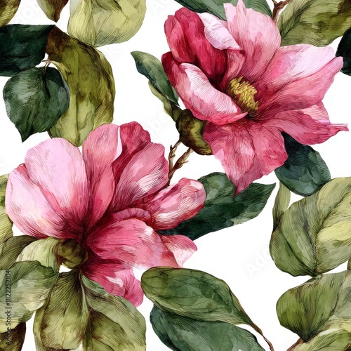 Seamless floral pattern featuring large pink and magenta camellia blossoms with green foliage on a white background for textile design.