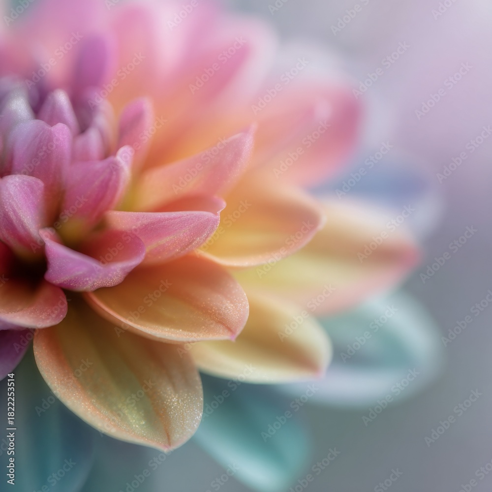 Fototapeta premium Soft pastel dahlia macro with delicate petals and dreamy blurred background. A gentle floral close-up ideal for beauty, wellness, spring design, and elegant branding.