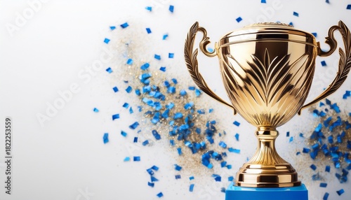 golden trophy with blue confetti on white background copy space