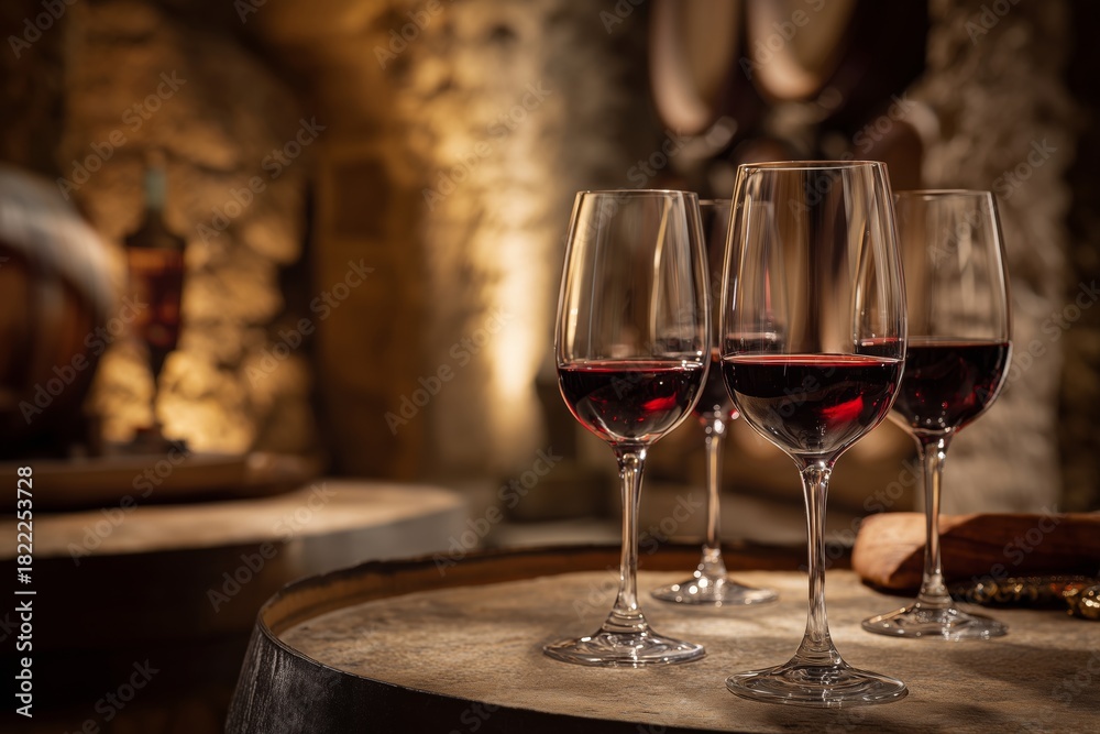 Fototapeta premium Wine Tasting Experience in a Cozy Cellar With Elegant Glasses and Wooden Barrels