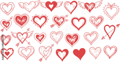 Vector Illustration of Hand-Drawn Pixel Art Hearts Collection. Grunge Doodle Love Symbols for Valentine's Day.