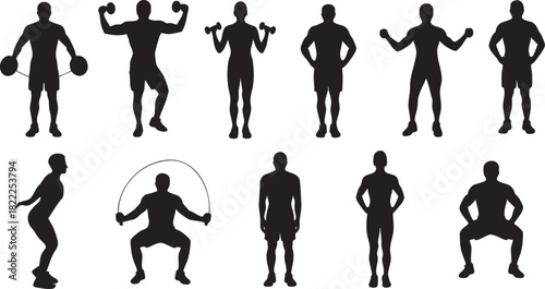Silhouette men doing exercise routine with dumbbells and jump rope isolated